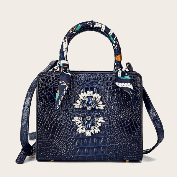 

Twilly Scarf & Rhinestone Decor Satchel Bag, Navy blue