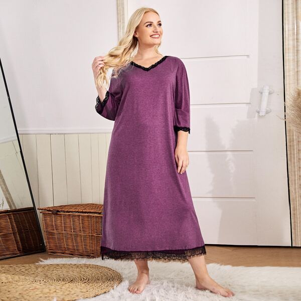 

Plus Contrast Lace V-Neck Night Dress, Purple