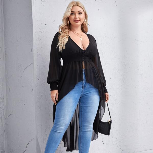 

Plus Button Front High Low Kimono, Black