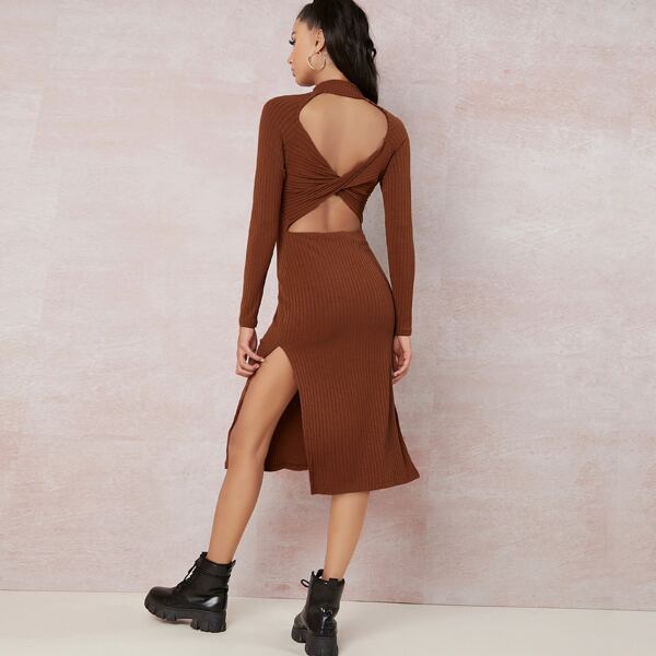 

Twist Open Back Split Thigh Rib-knit Dress, Rust brown