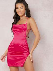 SHEIN BAE Lace Up Backless Split Thigh Side Dress - Hot Pink - View 3