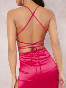 SHEIN BAE Lace Up Backless Split Thigh Side Dress - Hot Pink - View 4