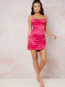 SHEIN BAE Lace Up Backless Split Thigh Side Dress - Hot Pink - View 5