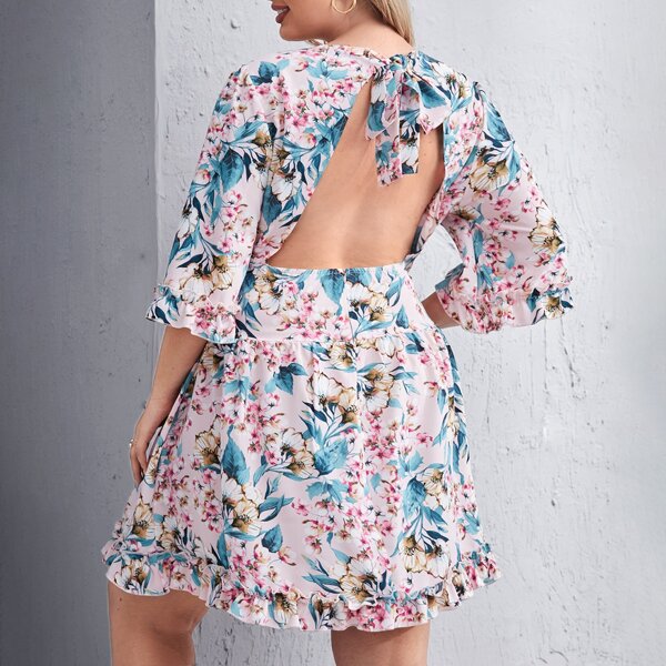 

Plus Tie Backless Allover Floral Dress, Multicolor