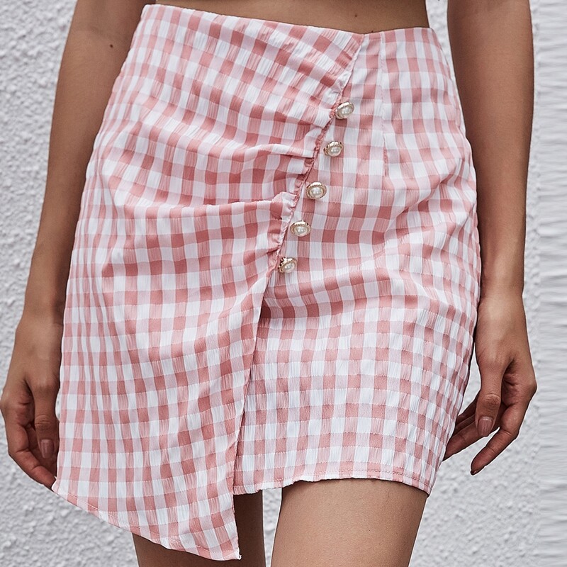 

Pearl Button Ruched Gingham Skirt, Pastel baby pink