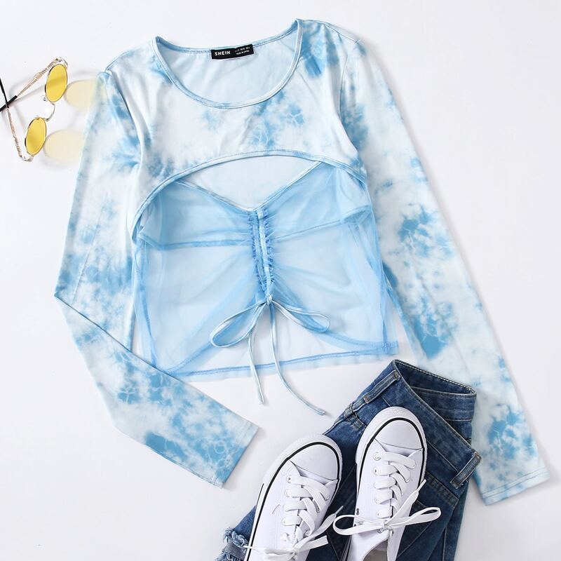 

Tie Dye Mesh Panel Drawstring Front Peekaboo Top, Baby blue