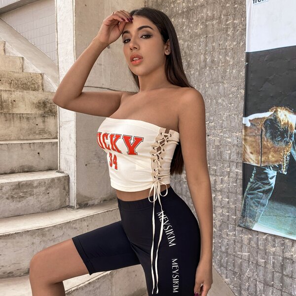 

Lace Up Side Letter Graphic Crop Tube Top, Beige