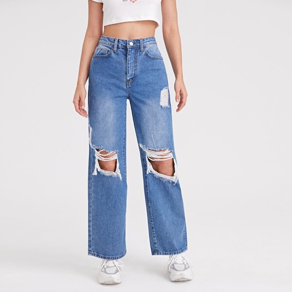 

Ripped Wide Leg Washed Jeans, Medium wash