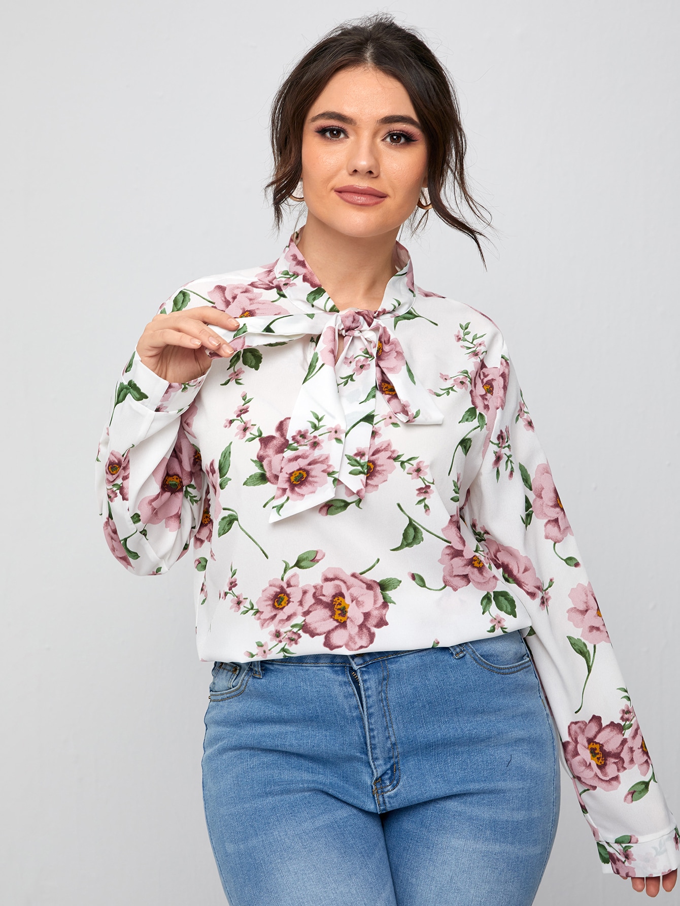 Plus Tie Neck Floral Print Top thumbnail