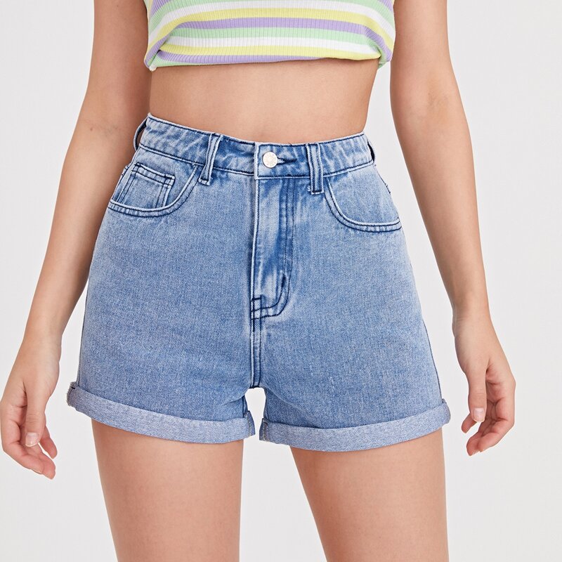

Roll Hem Slant Pocket Denim Shorts, Light wash
