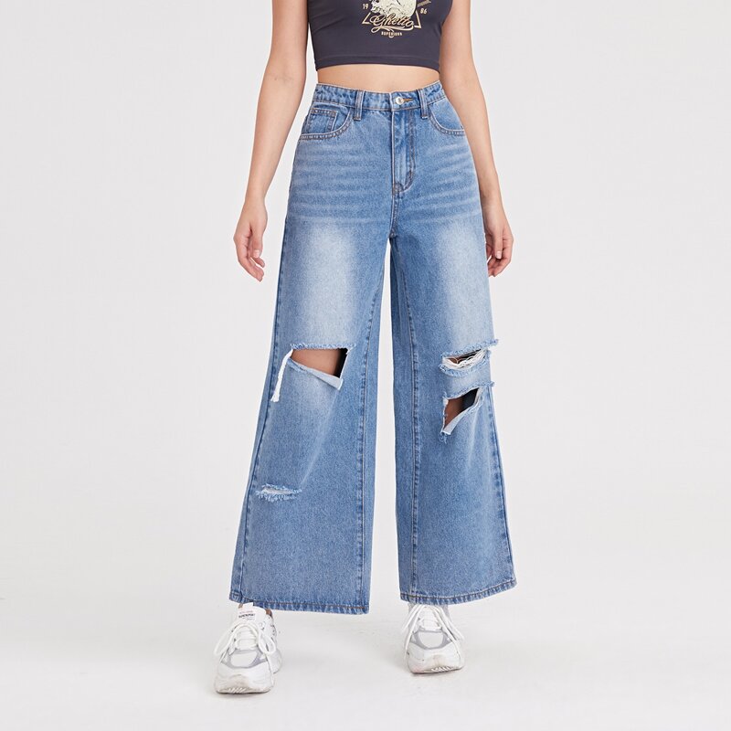 

Destroyed High Waist Wide Leg Jeans, Light wash