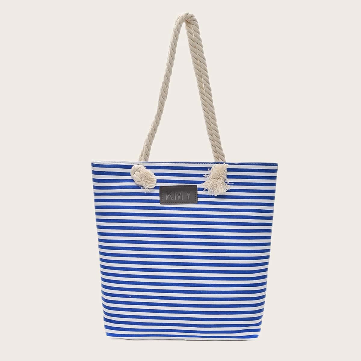 Image of Letter Patch Striped Pattern Tote Bag