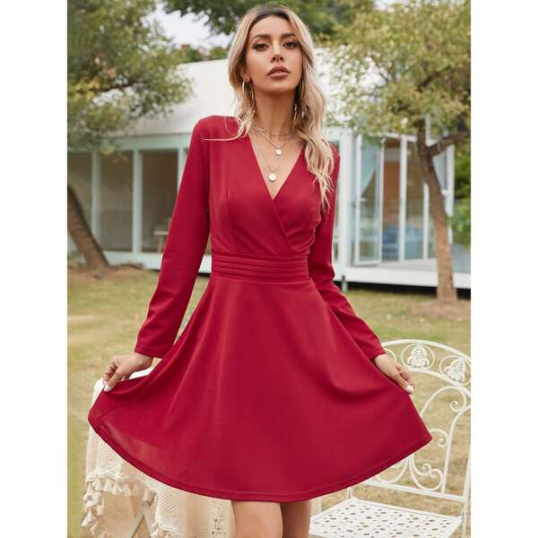 

Pleated Waist Fit & Flare Dress, Rose red