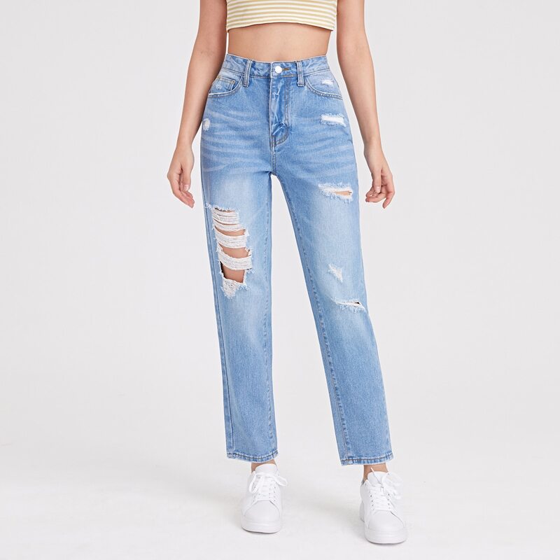 

Destroyed High Waist Mom Jeans, Blue