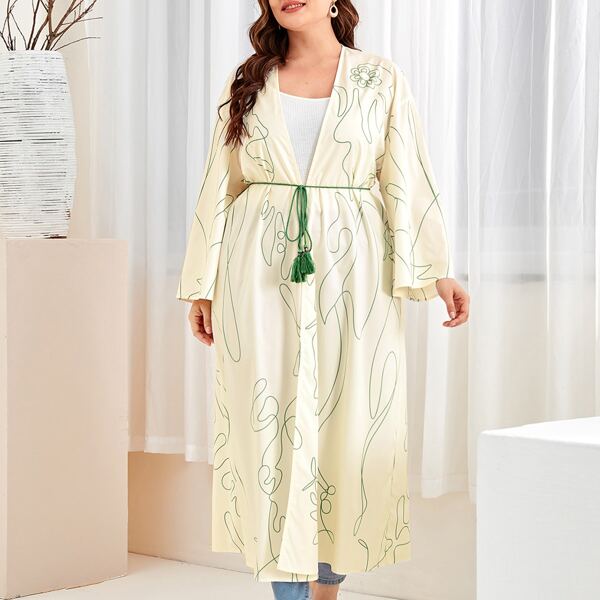 

Plus Line Print Bell Sleeve Tassel Belted Abaya, Beige