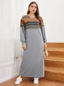 Mulvari Plus V-neck Fair Isle Yoke Dress - Grey - View 4