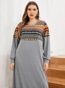 Mulvari Plus V-neck Fair Isle Yoke Dress - Grey - View 1