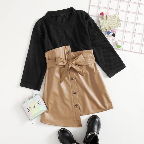 

Toddler Girls Contrast PU Belted Asymmetrical Dress, Multicolor