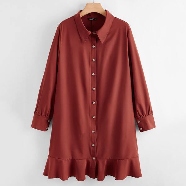 

Plus Button Up Ruffle Hem Shirt Dress, Redwood