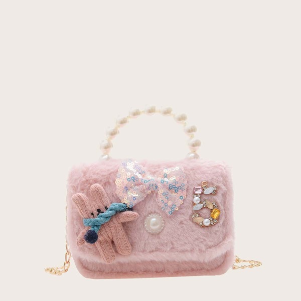 

Girls Gemstone & Bow Decor Fluffy Satchel Bag, Pink