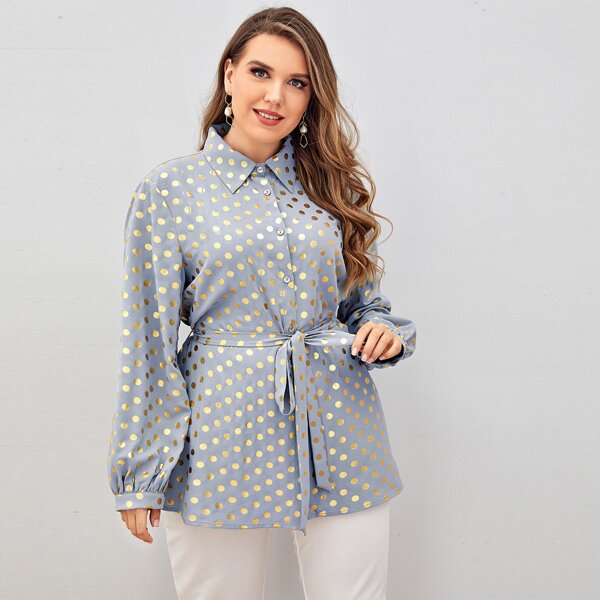 

Plus Gold Polka Dot Belted Blouse, Dusty blue