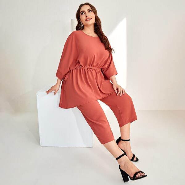 

Plus Drawstring Side Dolman Sleeve Top and Pants Set, Coral orange