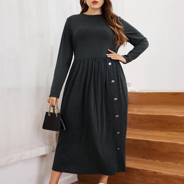 

Plus Button Front Solid Dress, Dark grey