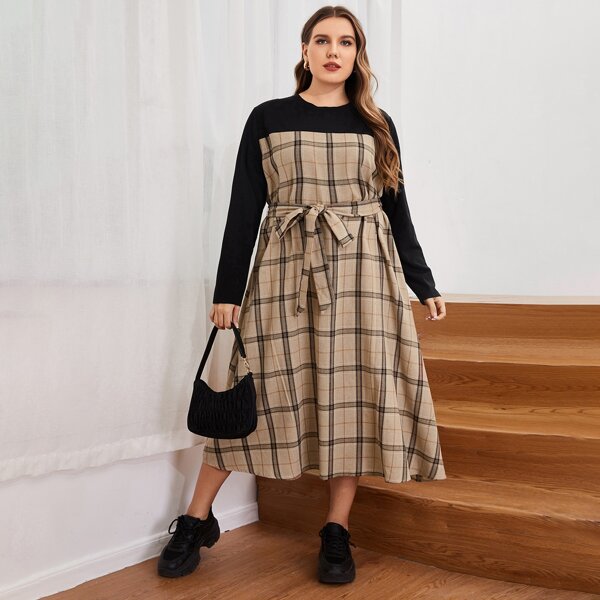 

Plus Tartan Colorblock Belted Dress, Multicolor