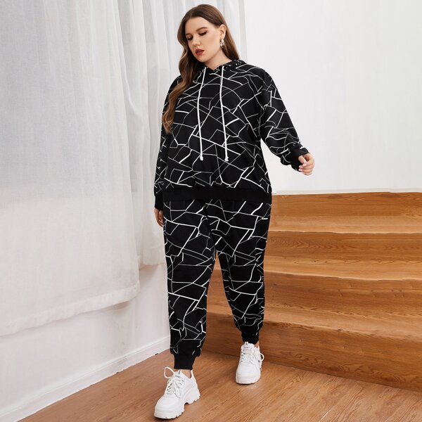 

Plus Geo Print Hoodie & Joggers Set, Black and white