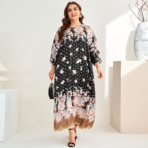 

Plus Polka Dot & Floral Print Dress, Multicolor