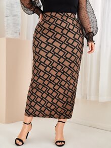 Mulvari Plus Geo Print Slit Hem Skirt - Mocha Brown - View 3