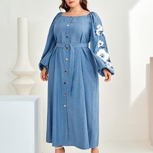 

Plus Floral Bishop Sleeve O-ring Belted Dress, Blue