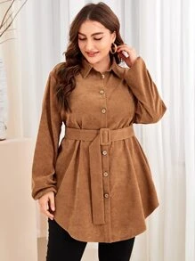 SHEIN LUNE Plus Single Breasted Belted Cord Blouse - Brown - View 3