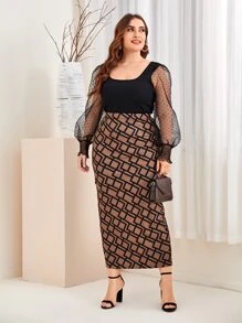Mulvari Plus Geo Print Slit Hem Skirt - Mocha Brown - View 4