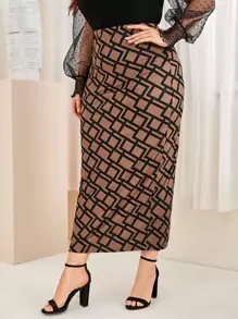 Mulvari Plus Geo Print Slit Hem Skirt - Mocha Brown - View 1