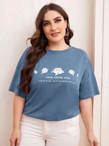 SHEIN LUNE 大碼落肩花卉和標語圖案T恤 - 霧霾藍 - 查看 1