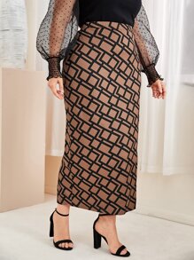 Mulvari Plus Geo Print Slit Hem Skirt - Mocha Brown - View 5