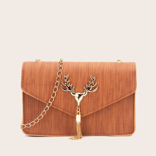

Metal Tassel Charm Flap Chain Bag, Brown
