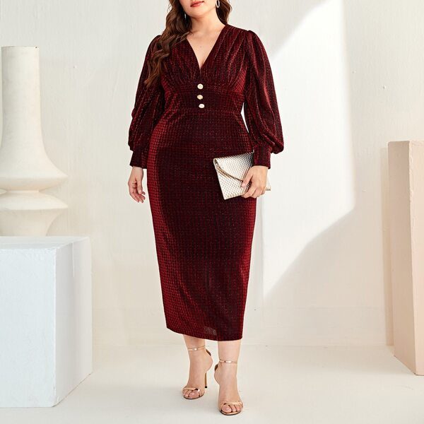 

Plus Button Front Bishop Sleeve Glitter Dress, Burgundy