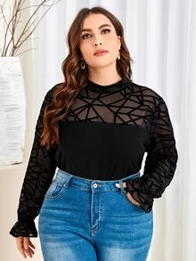 SHEIN Unity Áo sơ mi Plus Size Nút Hình học Thanh lịch - màu đen - Xem 3