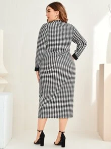 SHEIN Unity 大碼千鳥格拼色小高領洋裝 - 黑與白 - 查看 2