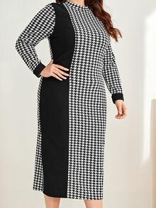 SHEIN Unity 大碼千鳥格拼色小高領洋裝 - 黑與白 - 查看 4