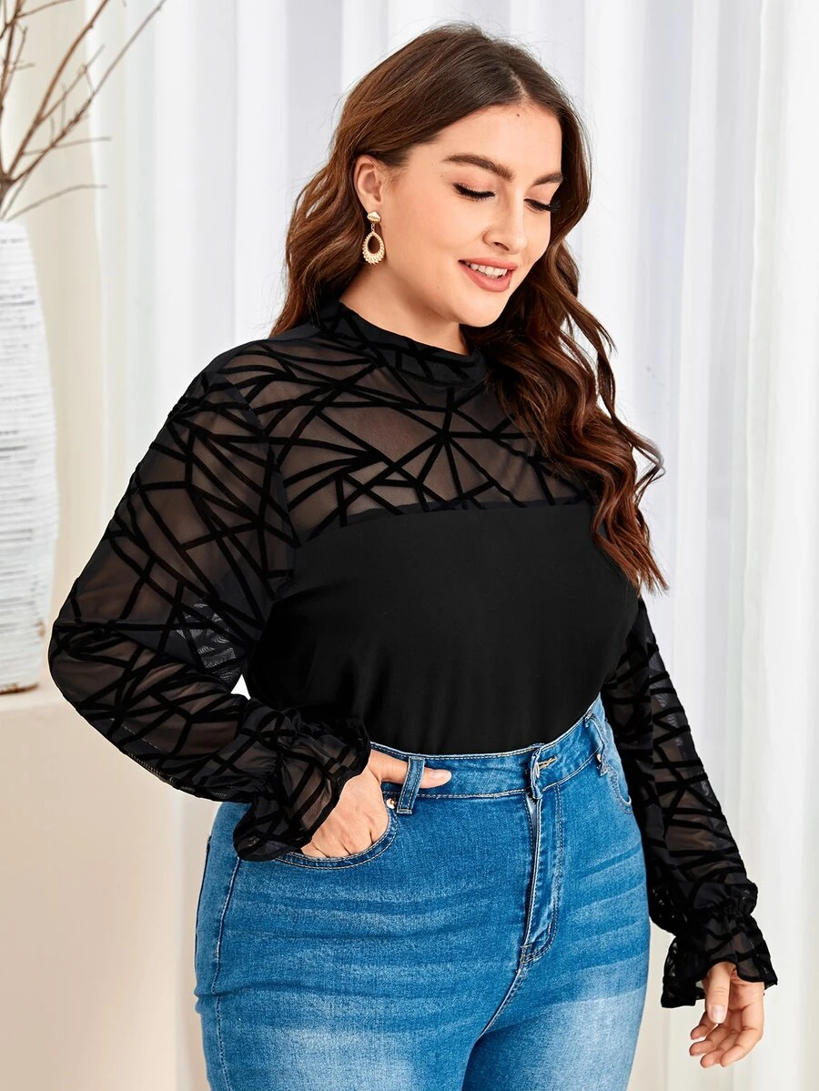 SHEIN Unity Áo sơ mi Plus Size Nút Hình học Thanh lịch - màu đen - Xem 1