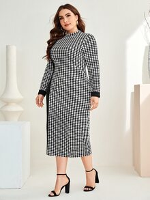 SHEIN Unity 大碼千鳥格拼色小高領洋裝 - 黑與白 - 查看 5
