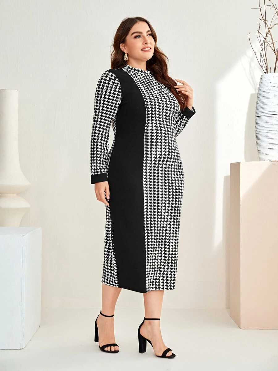 SHEIN Unity 大碼千鳥格拼色小高領洋裝 - 黑與白 - 查看 1