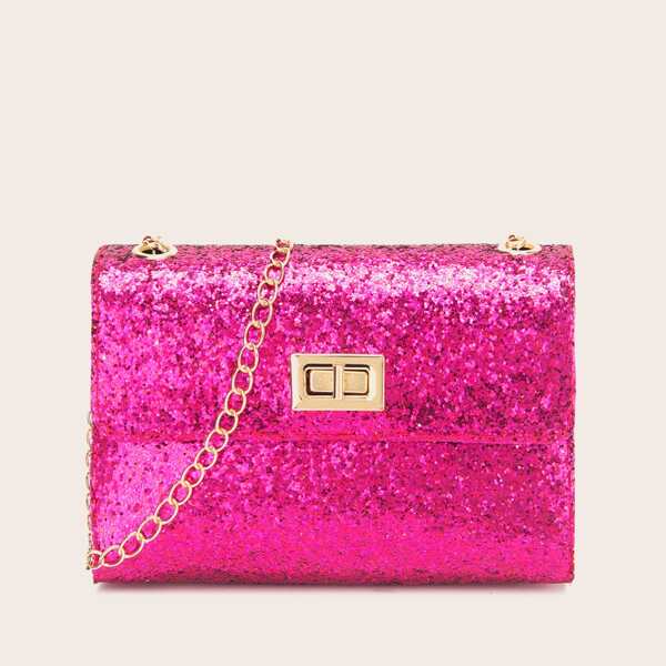 

Glitter Turn-Lock Flap Chain Bag, Hot pink