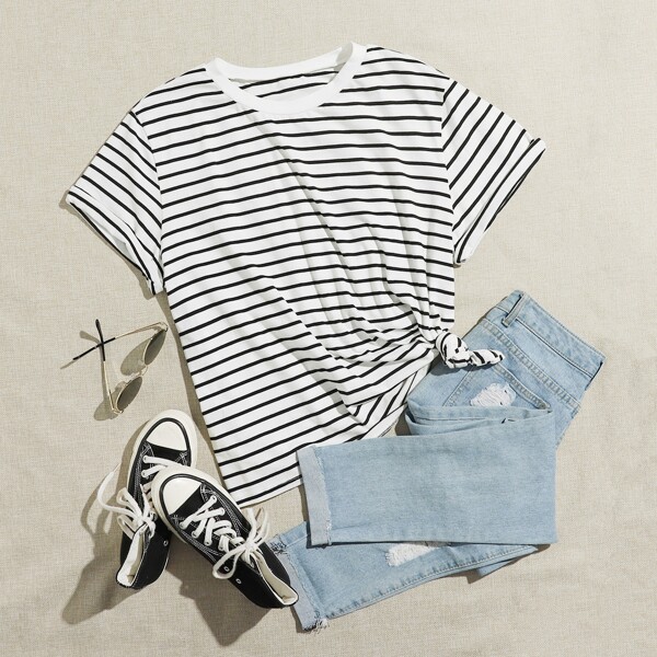 

Plus Striped Round Neck Tee, Black and white