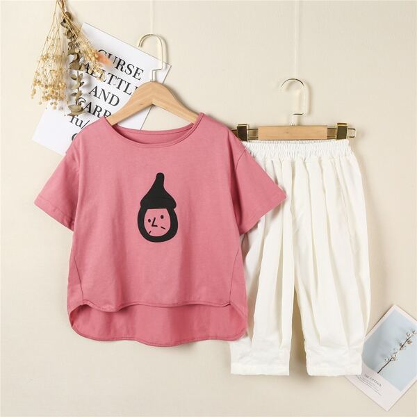 

Girls Cartoon Graphic Tee With Harem Pants, Multicolor