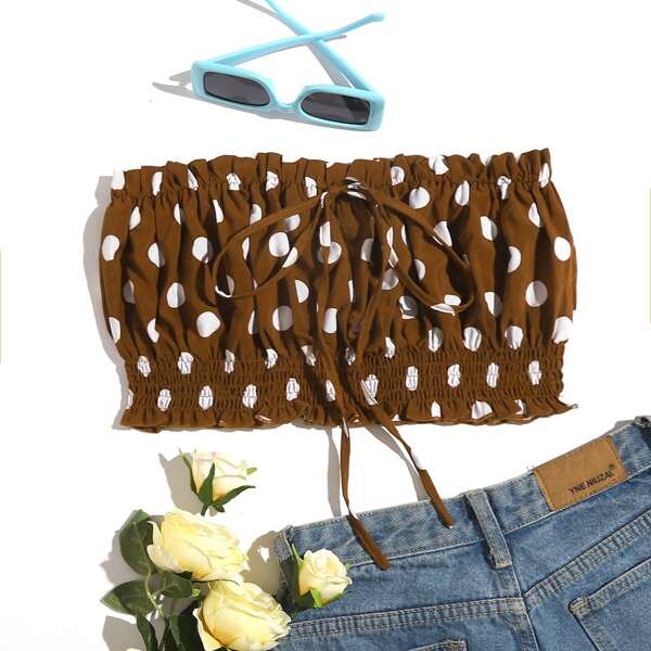 

Tie Front Frilled Polka Dot Tube Top, Coffee brown