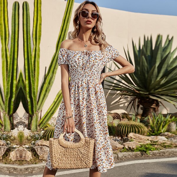 

Off Shoulder Tie Front Shirred Panel Ditsy Floral Dress, Multicolor